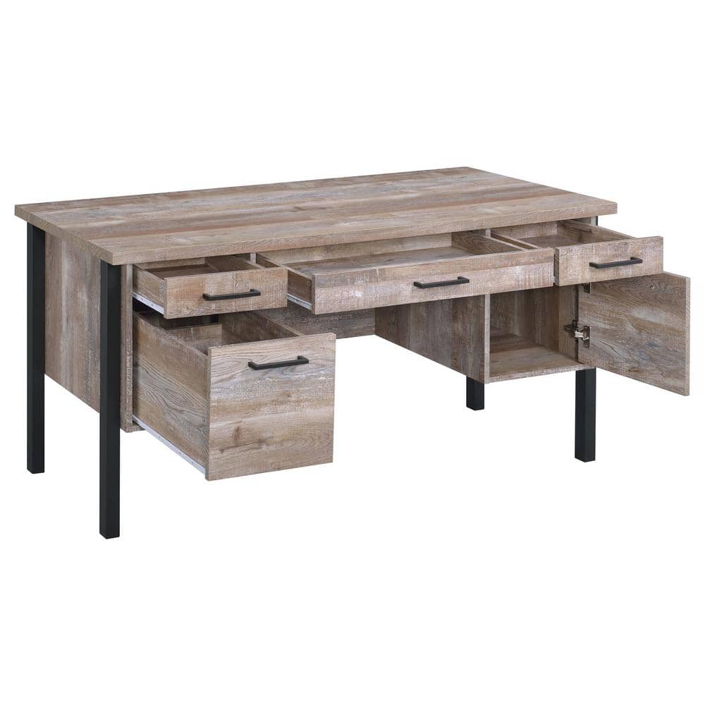 Transitional Weathered Oak Home Office Desk with Black Metal Frame and Storage