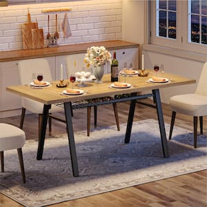 Light Walnet Wood 70 in. 4 Heavy Duty Metal Legs Dining Table with Storage Rack Seats 6-8