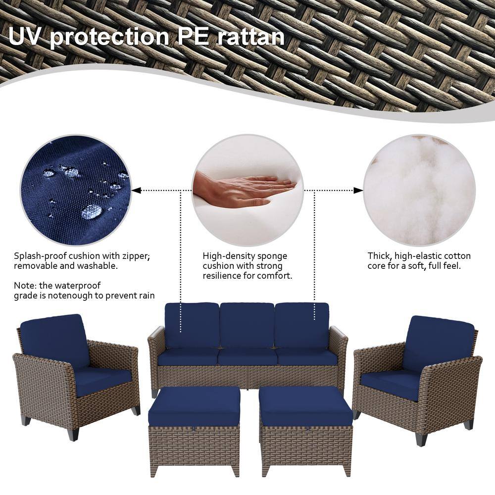 5-Piece Brown Wicker Patio Set with Blue Cushions