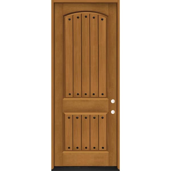 Steves & Sons Regency 36 in. x 96 in. 2-Panel Plank LHIS Autumn Wheat Stain Fiberglass Prehung Front Door with Clavos