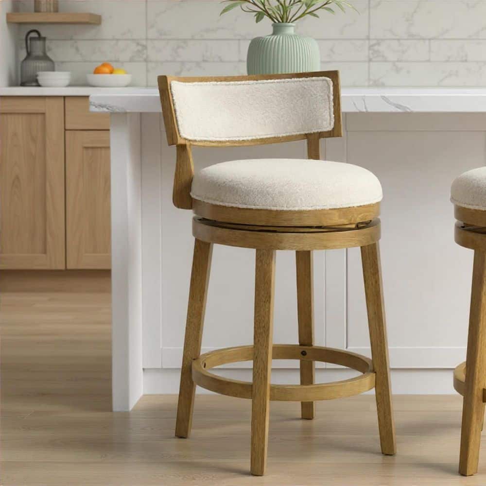 Noely 34.5 in. H Swivel Wood Counter Height Bar Stool in Amber Glow Finish with White Boucle Fabric Upholstered Seat price history on PriceWatchPro