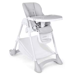 Grey Convertible Folding Adjustable High Chair w/Wheel Tray Storage Basket