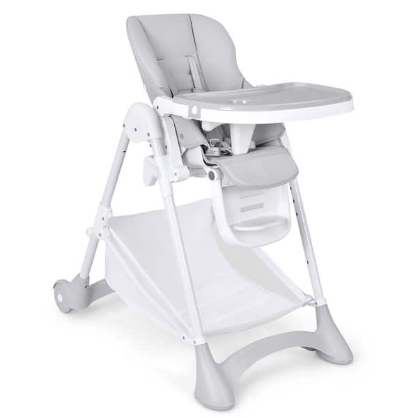 Costway Grey Convertible Folding Adjustable High Chair w/Wheel Tray Storage Basket