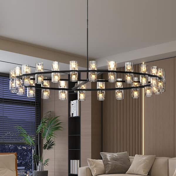 Crysia Modern LED 48 in. 48-Lights Black K9 Crystal Round Chandelier with Bulbs Included, for Dinning Room, Living Room