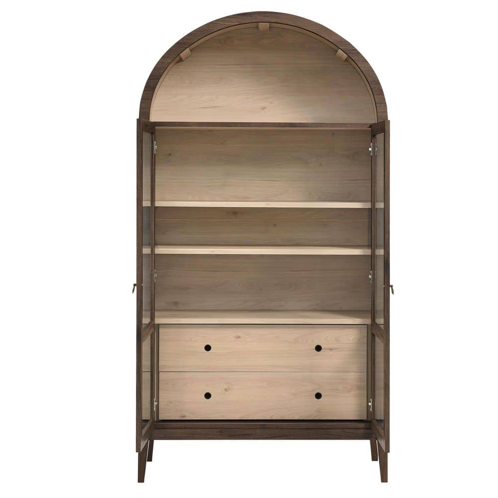 Nolan 74" Walnut Light Oak Arched Storage Display Cabinet with Glass Doors