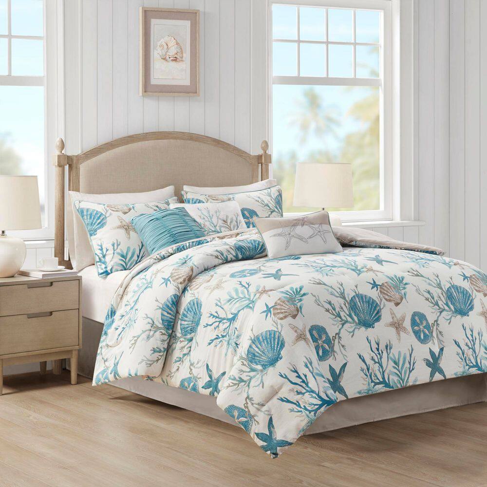 Aqua Coastal Queen Cotton Comforter Set with Decorative Pillows