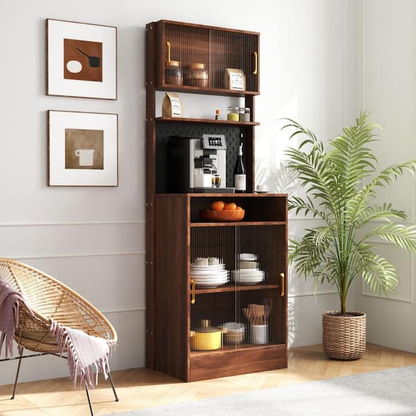 Kitchen Pantry Sideboard with 2 Sliding Striped Glass Doors, Freestanding Countertop Storage Cabinet in Walnut