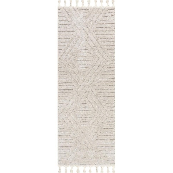 Risette Geometric Shag Tassel Area Beige 3 ft. x 6 ft. Indoor Runner Rug
