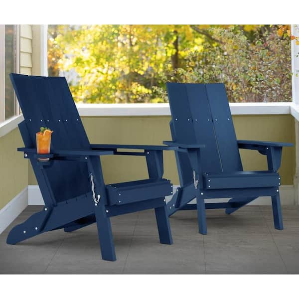 Mximu Oversized Navy HDPE Outdoor Plastic Folding Adirondack Chair with Cup Holder (Set of 2)