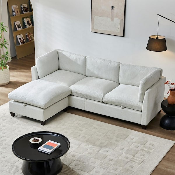 Prescott Modern 96.5 in. Chenille Fabric Upholstered L-Shaped 3-Seater Storage Sectional Sofa in Beige with Ottoman
