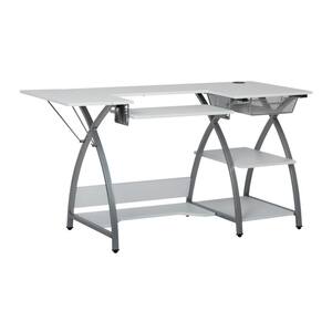Comet Plus Sewing 56.75 in. W Rectangular Silver/White MDF 1 Drawer Desk with Wire Mesh Drawer and Folding Side Shelf