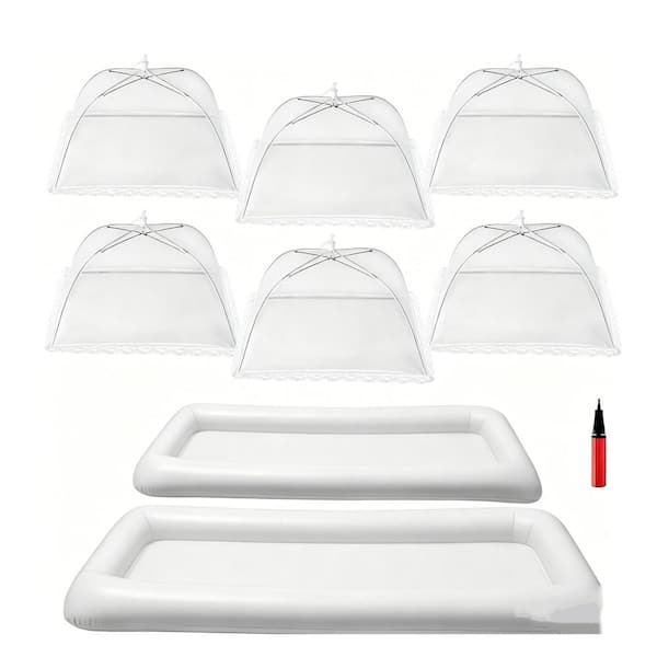Serving Trays White Plastic Serving Bar with Mesh Food Cover Set for Outdoor Buffet 1 Set w/ 2 Inflatable Cooler