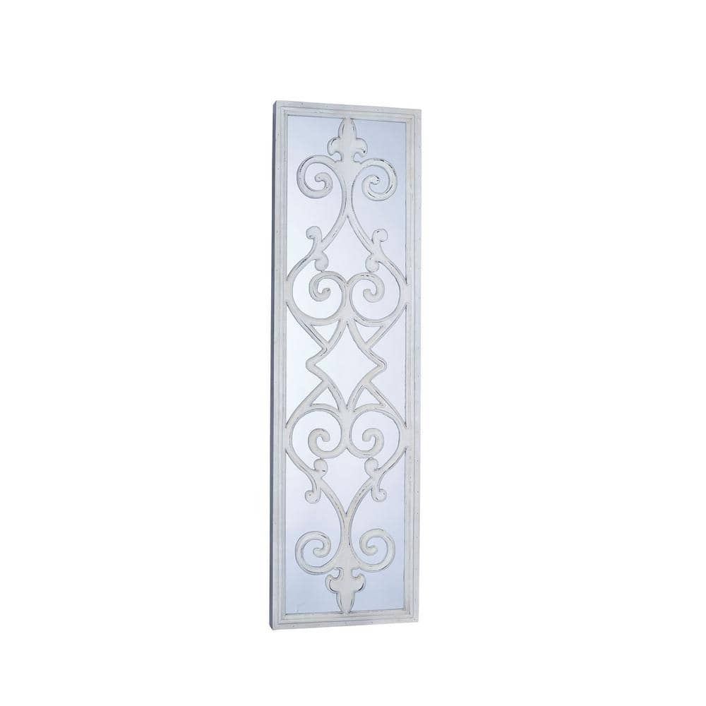 Elegant White Wood Framed Scroll Overlay Decorative Wall Mirror