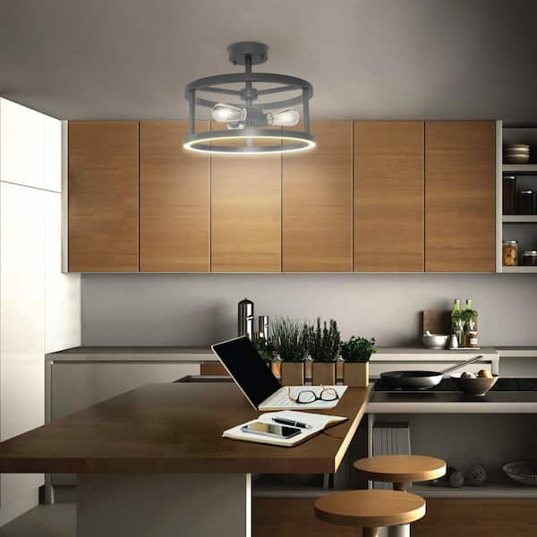 Katalyst 15 in. 3-Light Matte Black Color Choice Selectable CCT LED with Night Light Semi-Flush Mount Ceiling Light