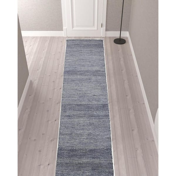 3 ft. x 12 ft. Blue and Gray Striped Area Rug