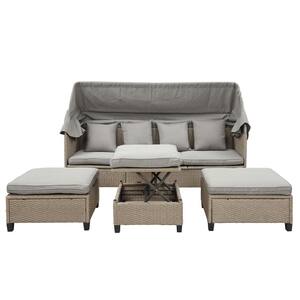 4-Piece Wicker Outdoor Day Bed Sectional Sofa Set with Gray Cushions and Canopy