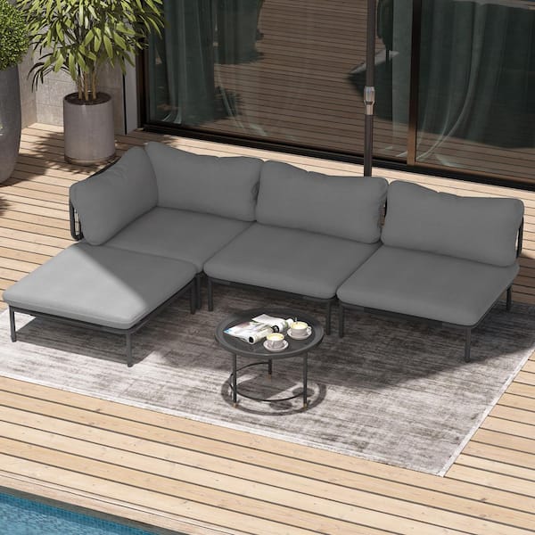 4 Piece Metal Outdoor Sectional Sofa with Dark Gray Cushions 4-Armrest