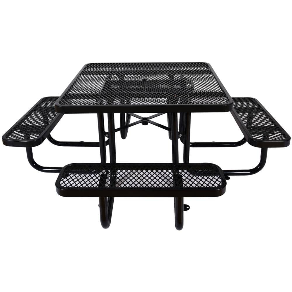 82.9 in. Black Square Steel Outdoor Picnic Tables and Benches Set with Umbr