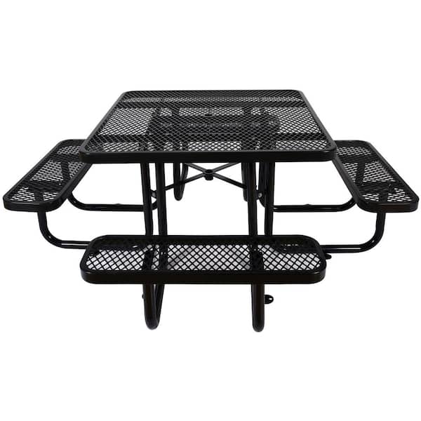 Unbranded 82.9 in. Black Square Steel Outdoor Picnic Tables and Benches Set with Umbrella Hole