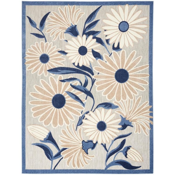 Aloha Blue/Grey 5 ft. x 8 ft. Botanical Contemporary Indoor/Outdoor Area Rug