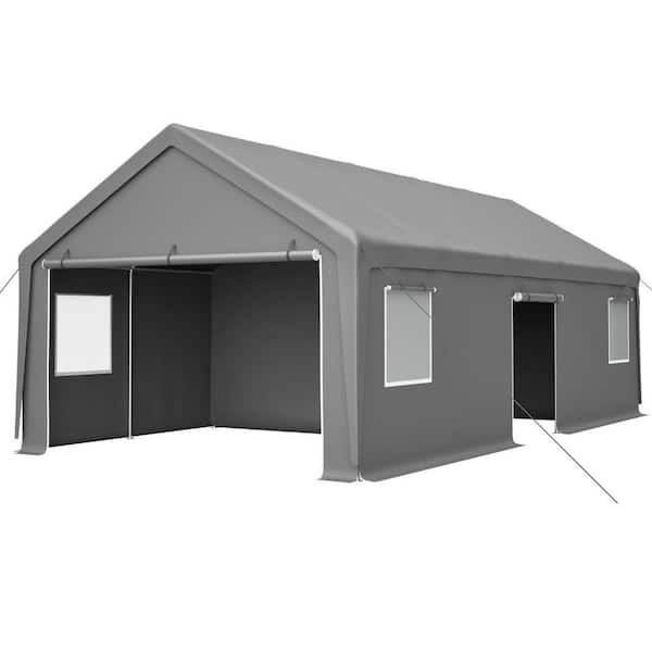13 ft. W x 26 ft. D x 10 ft. H Gray Heavy Duty Carport Canopy with 2 Roll-Up Doors, 1 Side Door, Removable End Walls