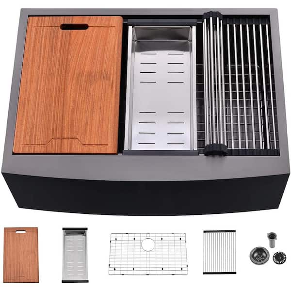 APPASO Black Stainless Steel 30 in. Single Bowl Farmhouse Apron Workstation Kitchen Sink with Accessories