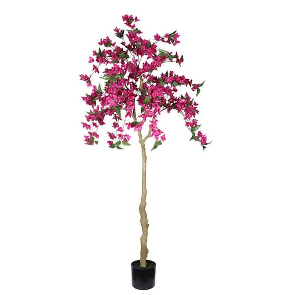 6 ft. Artificial Pink Bougainvillea Tree in Black Plastic Pot, Realistic Flowering Fake Plant for Indoor Home Decor