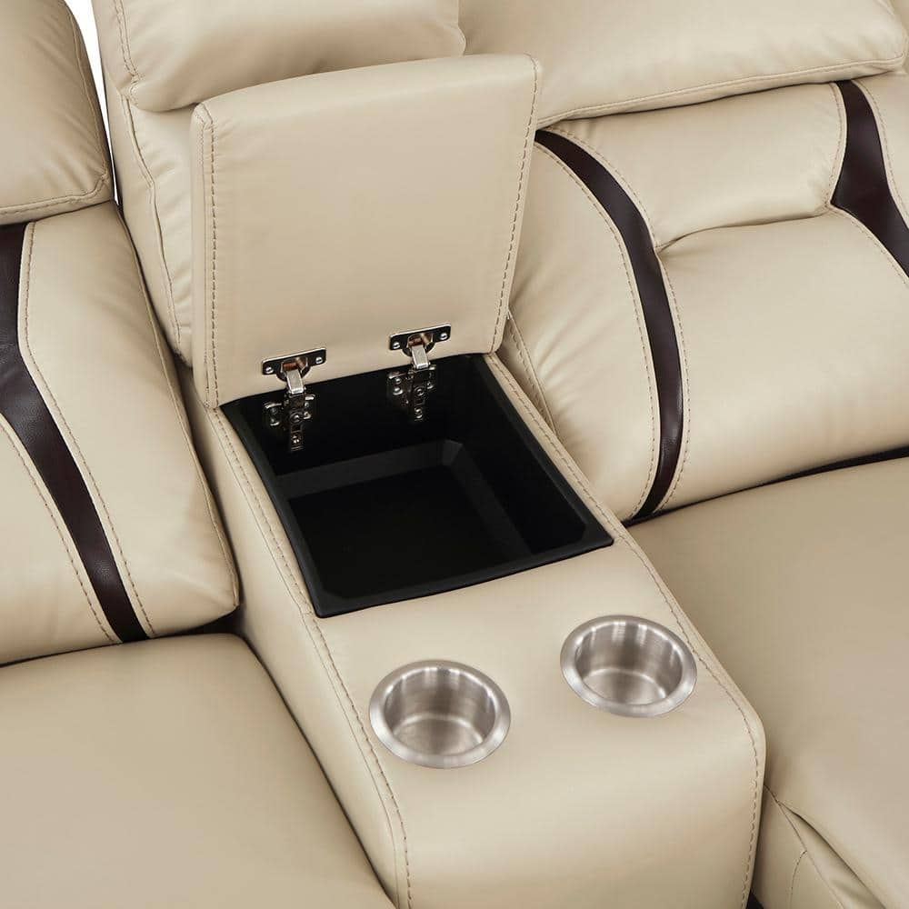 Beige Faux Leather Reclining Loveseat with Cup Holder