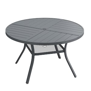 47.2 in. Grey Round Metal Outdoor Dining Table with Umbrella Hole for Patio Garden