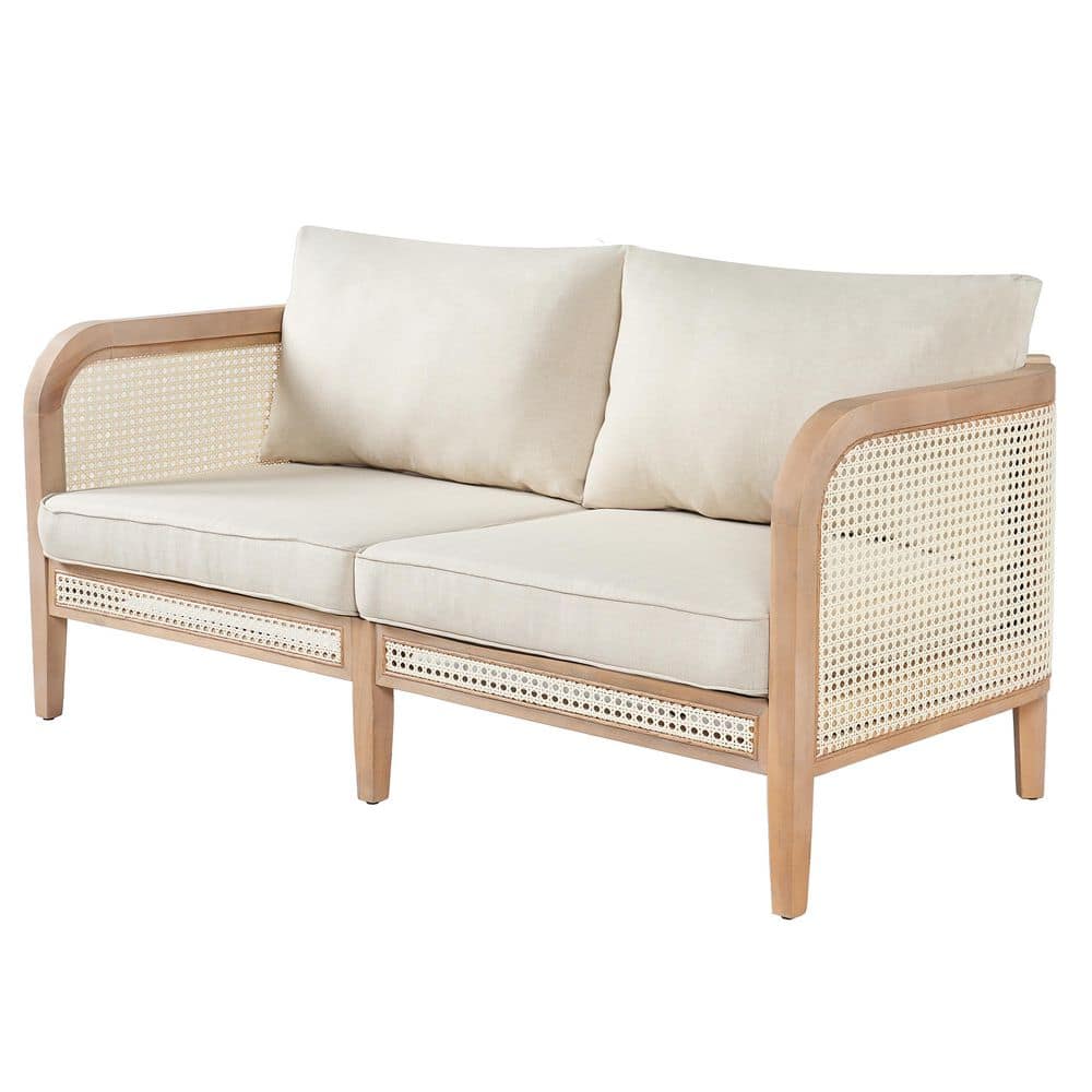 Gavion Patio Natural Finish Wood and White Wicker Woven Outdoor Loveseat 2-Seater Sofa with Beige Cushions price history on PriceWatchPro