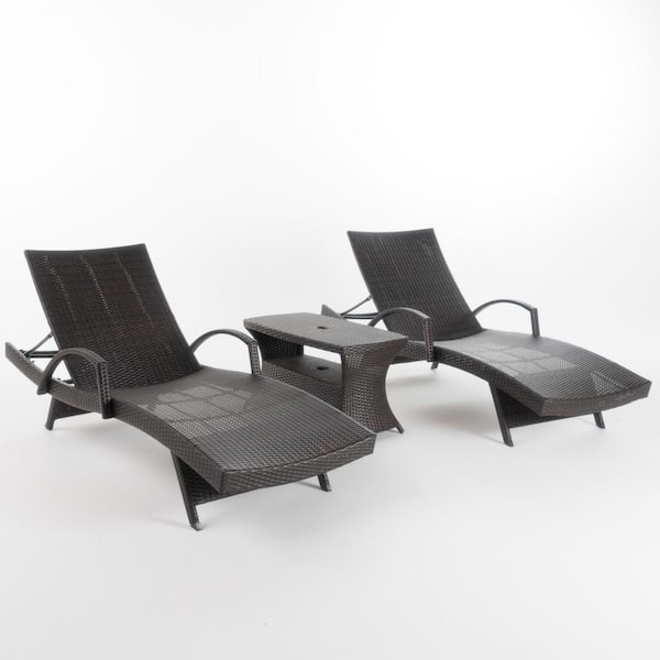 Noble House Heavenly Multi-Brown Armed 3-Piece Faux Rattan Outdoor Chaise Lounge and Table Set
