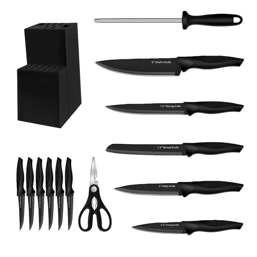 14-Piece Black High Carbon German Stainless Steel Kitchen Knife Set with Sharpener, Stain and Rust Resistant