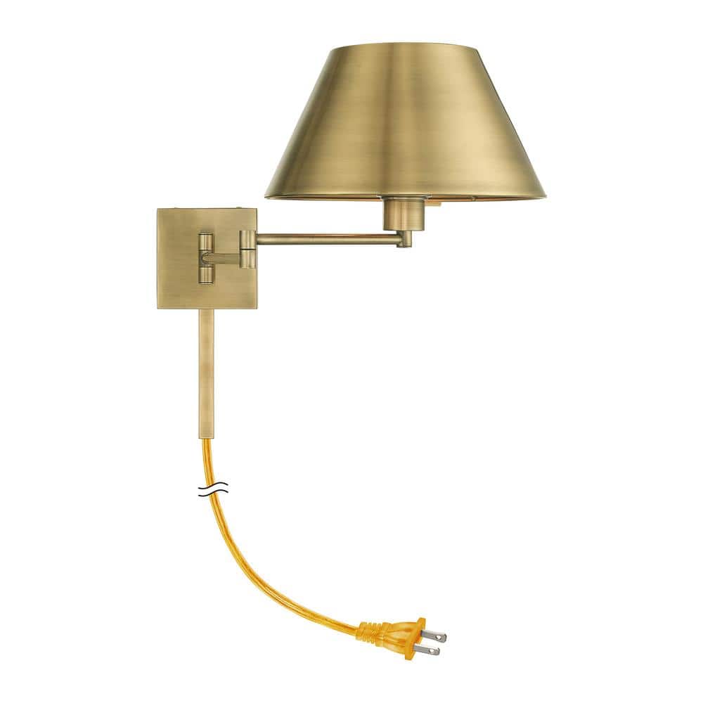 Antique Brass Swing Arm Wall Lamp with Satin Shade