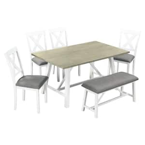 6-Piece Wood Outdoor Dining Kitchen Table Set with 4 Chairs 1 Bench 1 Standard Table and Gray Cushions