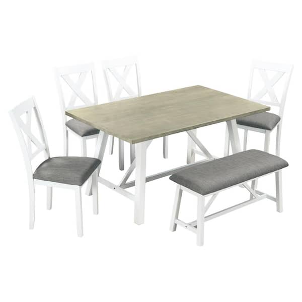 Unbranded 6-Piece Wood Outdoor Dining Kitchen Table Set with 4 Chairs 1 Bench 1 Standard Table and Gray Cushions
