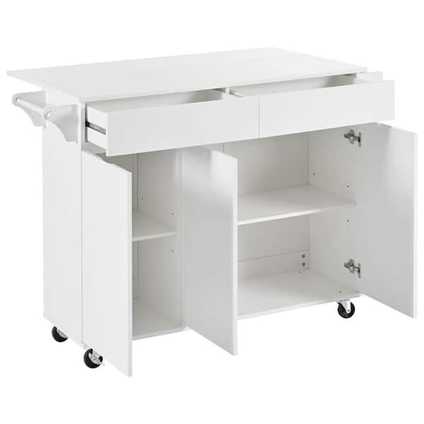 White Wood 53.2 in. Kitchen Island with 5 Wheels, Drop Leaf, 2 Drawers, Towel Rack, Spice Rack