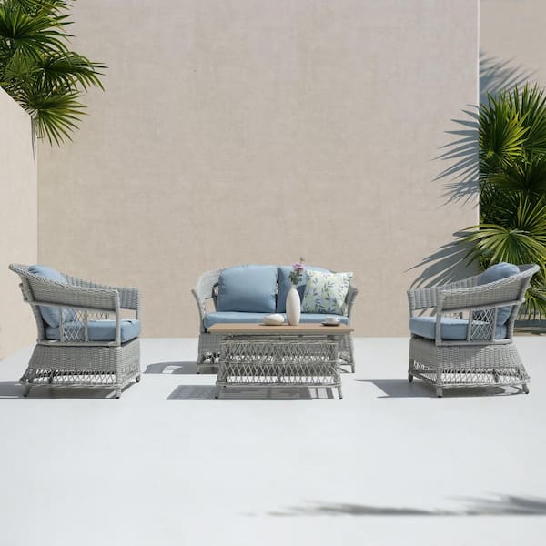 Patio Time 4-Piece Wicker Outdoor Sectional Sofa Set with Cushions with Stationary Chair and Coffee Table