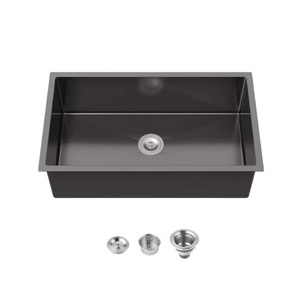 Stainless Steel Kitchen Sink, 33″x19″ Single Bowl, Undermount Handmade Sink in Black, with US Standard Drain and Hook