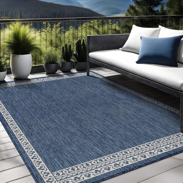 Frame Blue 10 ft. x 14 ft. Geometric Bordered Washable Indoor Outdoor Area Rug