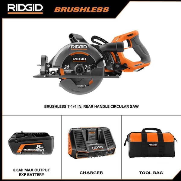 RIDGID 1008045686 18V Brushless Cordless 7-1/4 in. Rear Handle Circular Saw Kit with 8.0 Ah MAX Output Battery, 18V Charger and Bag - 2