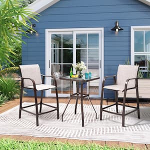 3-Piece Aluminum Outdoor Patio Bar Set in Beige with Tempered Glass Table Top and Umbrella Hole