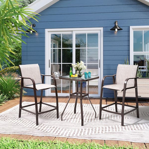 Pellebant 3-Piece Aluminum Outdoor Patio Bar Set in Beige with Tempered Glass Table Top and Umbrella Hole