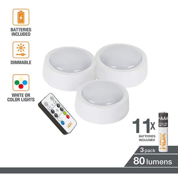 2.5 in. Battery Powered 5000K RGB Integrated LED White Puck Light with Remote, Dimmable, Color Changing, 3-Pack