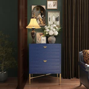 Blue 2 Drawers MDF Nightstand with Golden Handles and Legs