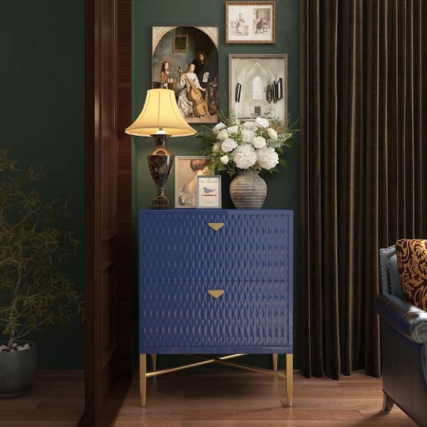 Clihome Blue 2 Drawers MDF Nightstand with Golden Handles and Legs
