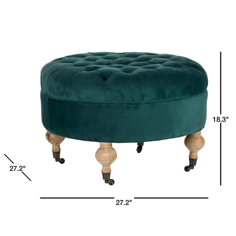 Transitional Clara 27" Tufted Round Ottoman in Marine Blue Velvet