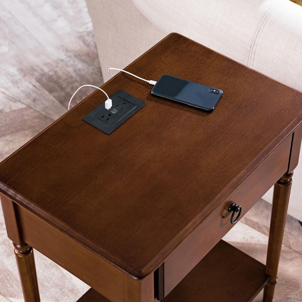 Pecan Brown Solid Wood Coastal Side Table with USB-C Fast Charging Station