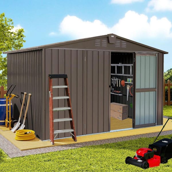 10 ft. W x 8 ft. D Outdoor Metal Shed Storage Tool House with Lockable Double Door for Backyard, Brown (80 sq. ft.)