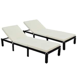 Black Adjustable Backrest Reclining Wicker Outdoor Lounge Chair with Beige Cushions (Set of 2)