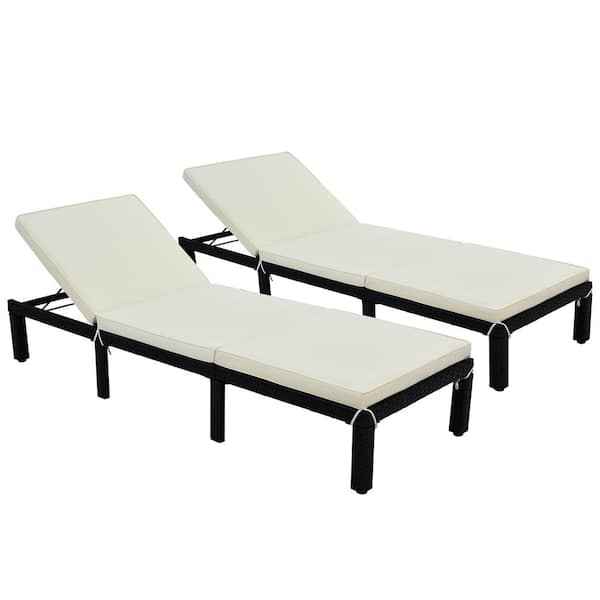 waelph Black Adjustable Backrest Reclining Wicker Outdoor Lounge Chair with Beige Cushions (Set of 2)